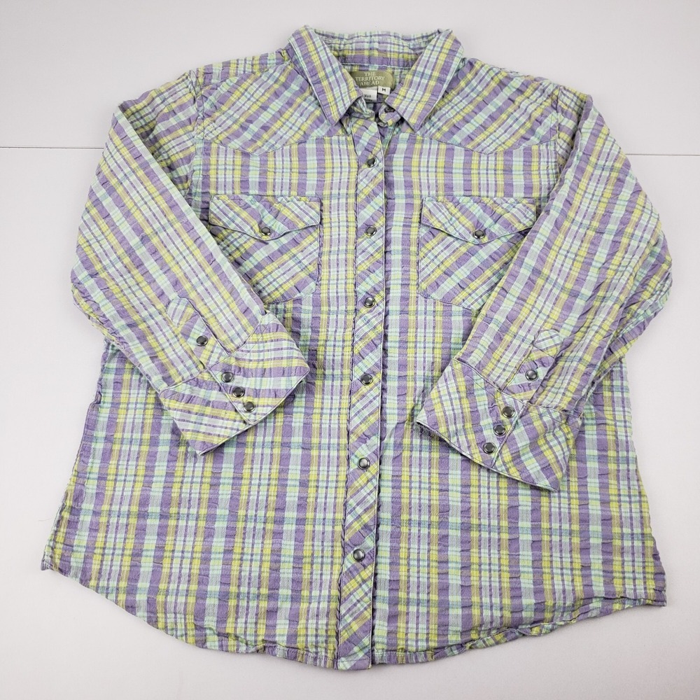 The Territory Ahead Plaid Textured Blouse Women's Medium Multicolor 3/4 Sleeve